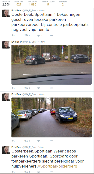 Verkeersveiligheid: wijkagent twittert op 14/11/2015 over parkeerchaos Sportpark Bilderberg