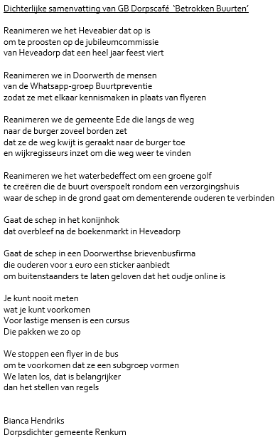 Dorpsdichter Bianca Hendriks introduceerde de stamgasten én dichtte de avond samen.